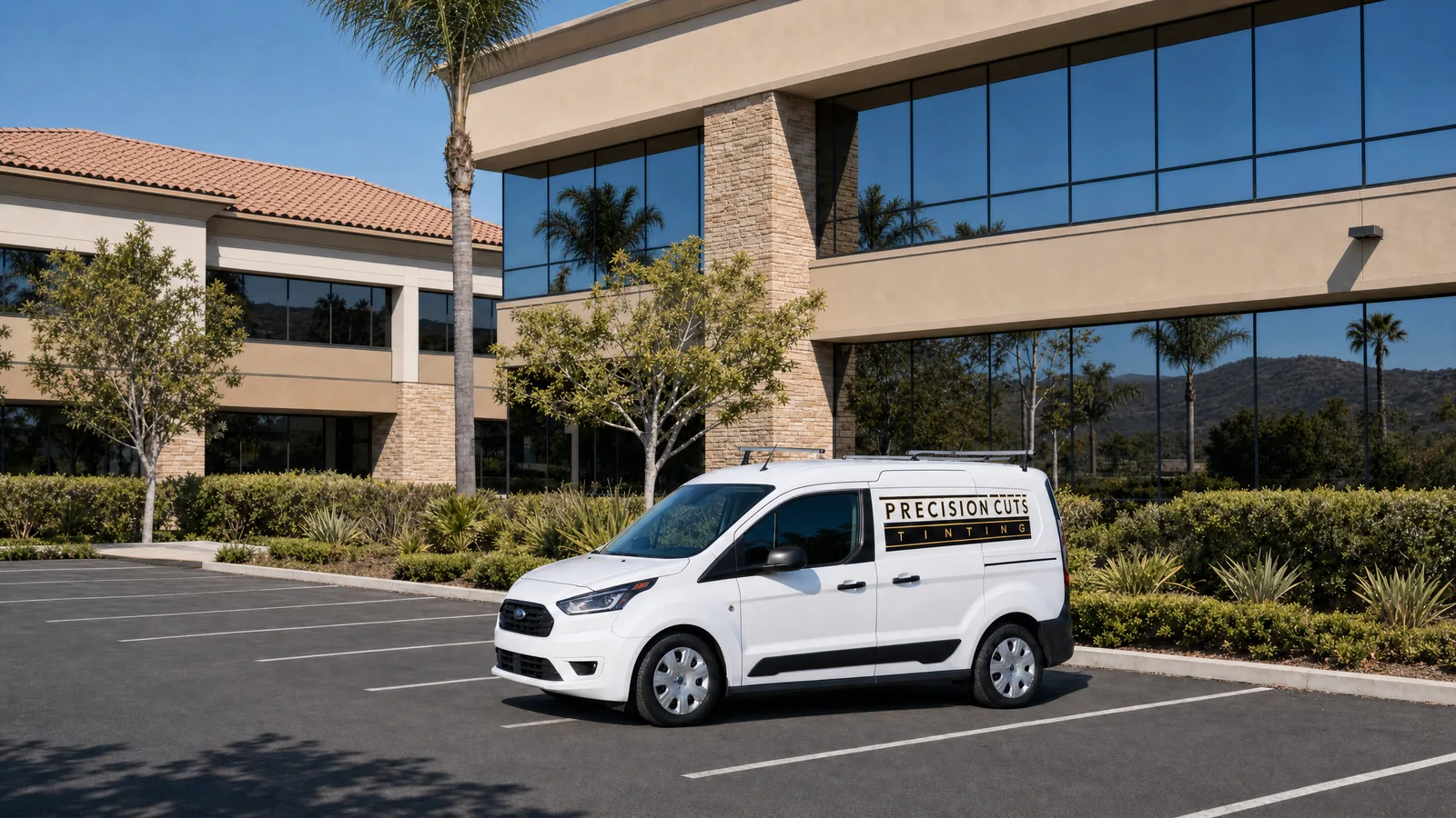 An Orange County office building with filmed glass, the Precision Cuts Tinting van out front