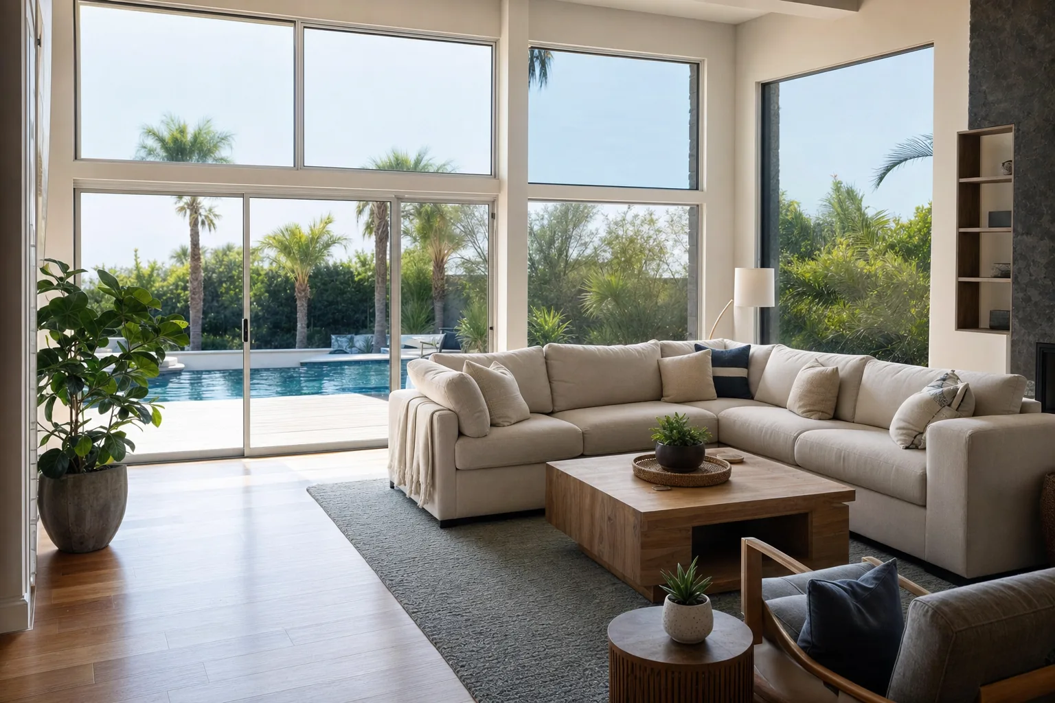 A bright living room with window film taking the hard afternoon sun down
