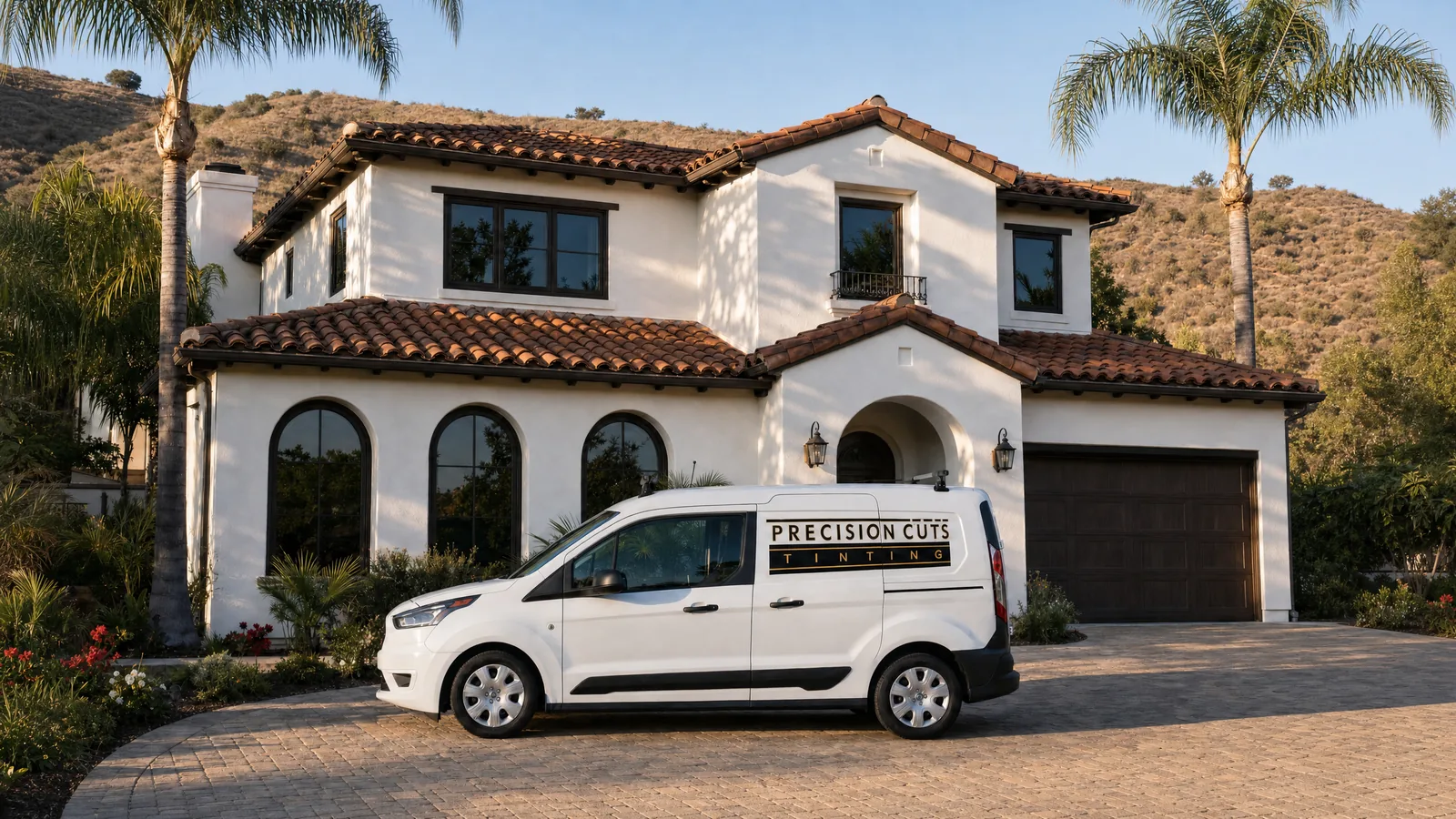 The Precision Cuts Tinting van outside a Spanish-style home in Yorba Linda after a window film job